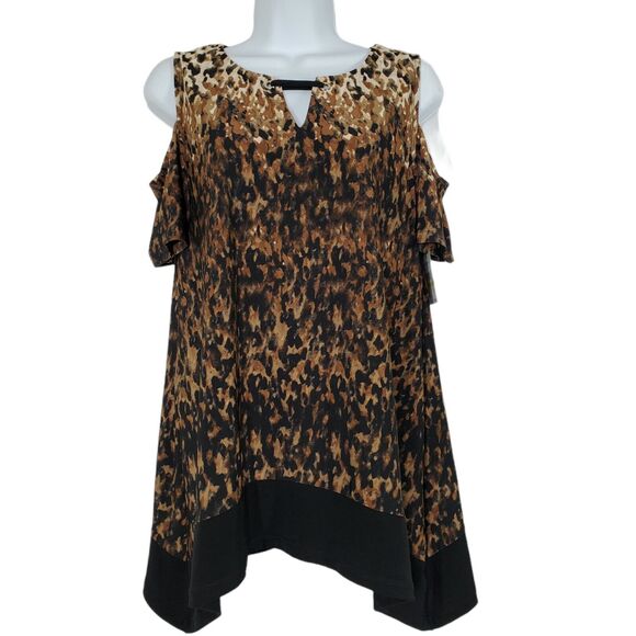 Rafaella Womens Blouse Medium Leopard Animal Print Cold Shoulder Shark Bite Hem - Picture 1 of 9